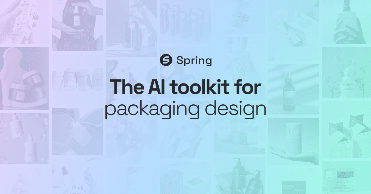 Spring The AI Design Toolkit with transparent gradient background overlay with generated packaging images behind.