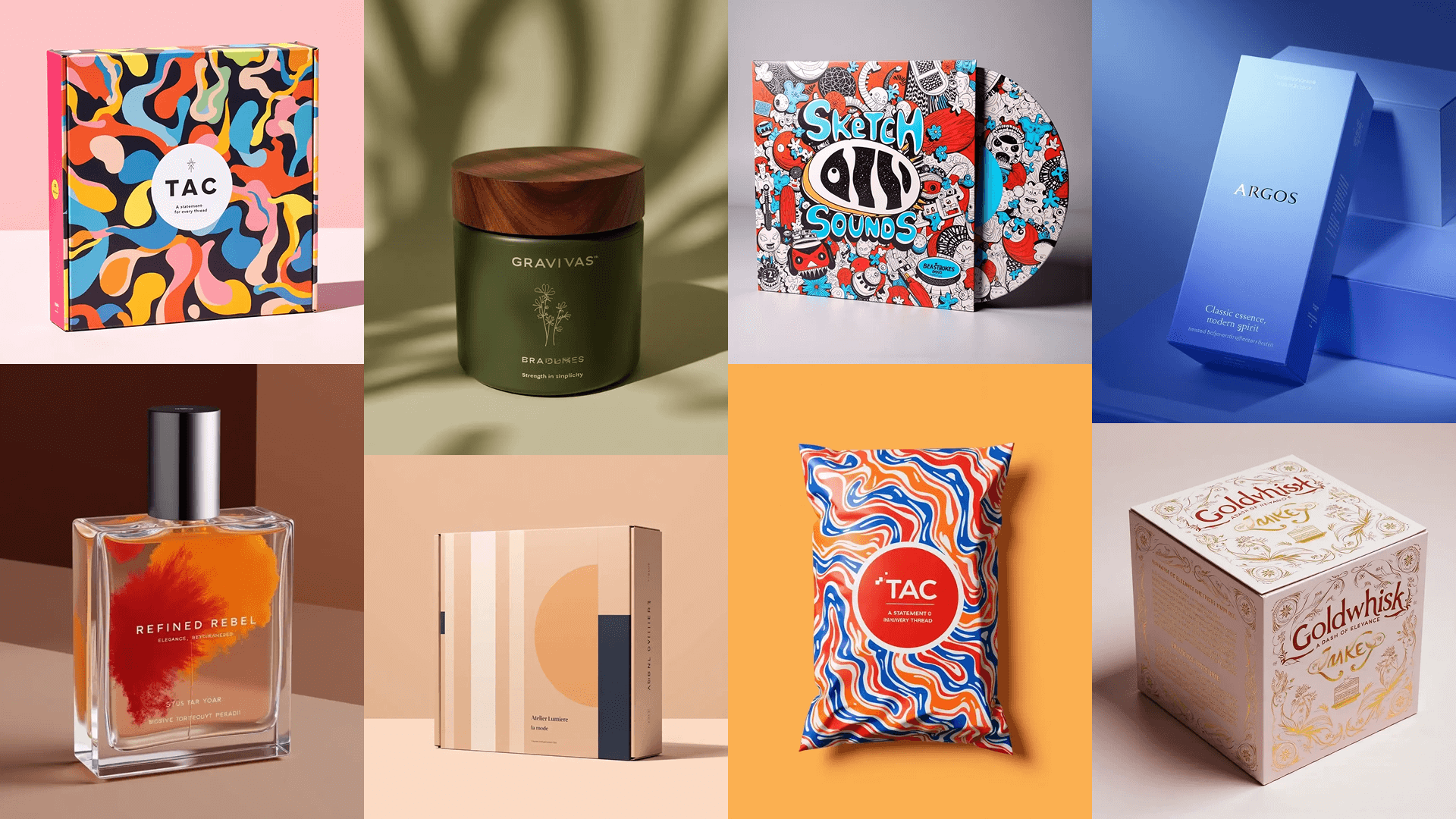 Grid of 6 images - AI generated packaging designs with a mix of mailer boxes and carton boxes