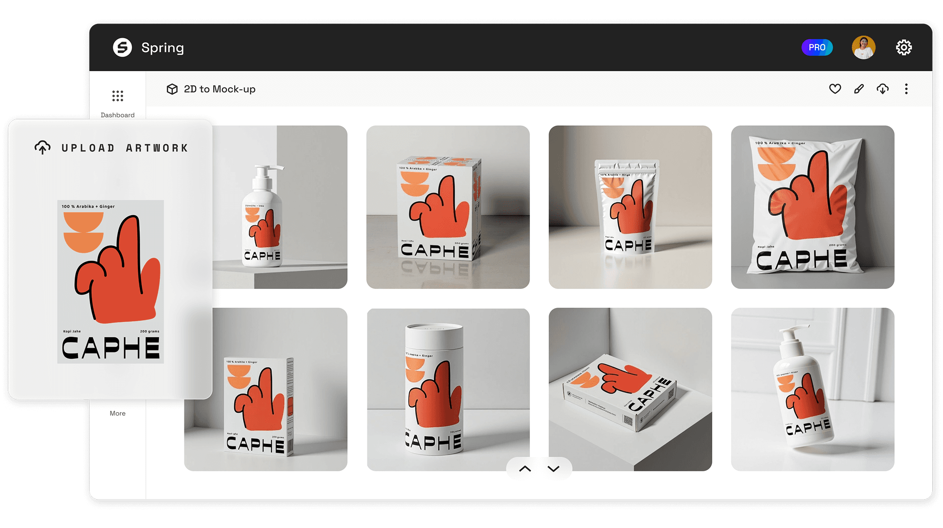 UI mockup showing an artwork upload with 8 mockups in varying packaging types including pump bottle, carton box, pouch, mailer bag, tube and mailer box